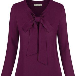 Moyabo Womens 3/4 Cuffed Sleeve Chiffon Bow Tie V Neck Casual Top (Dark Purple)